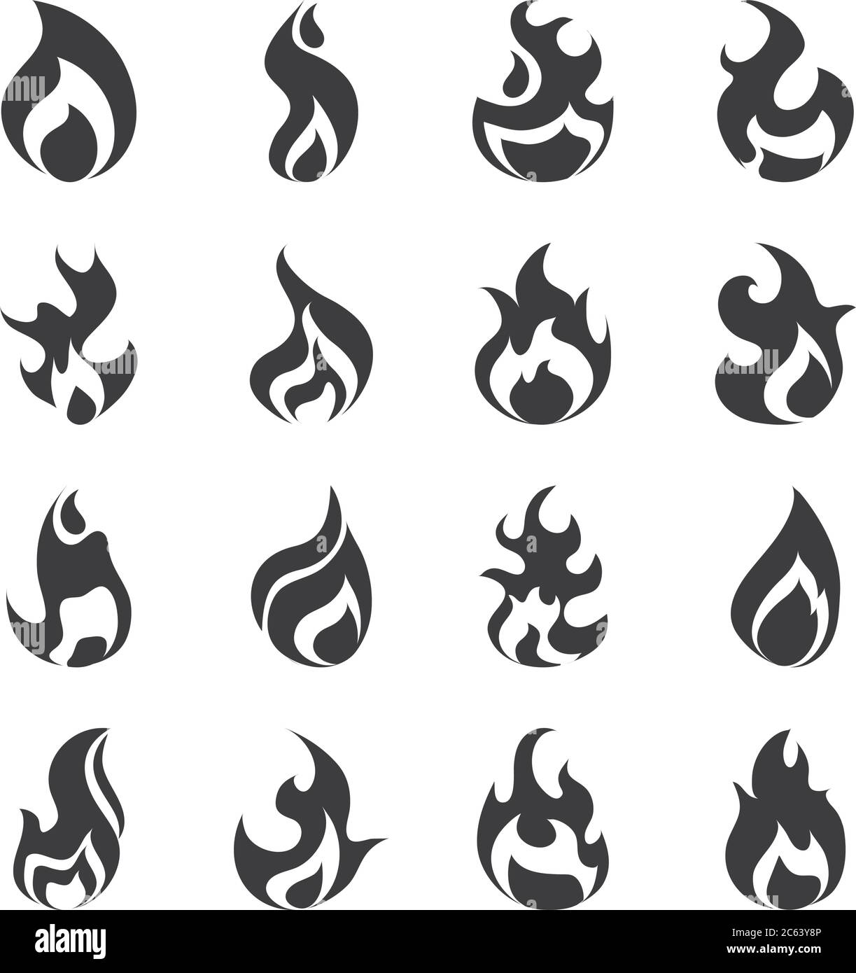 fire flame burning hot glow flat design icons set white background ...