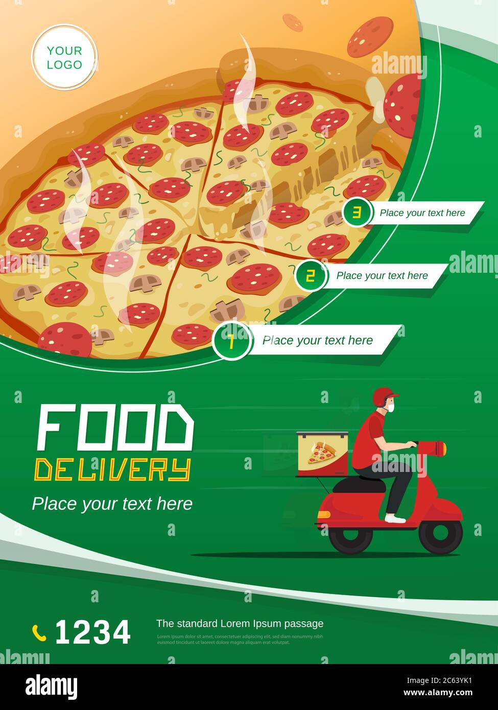 Food delivery service poster with motorcycle and space for your text on green background Stock Vector