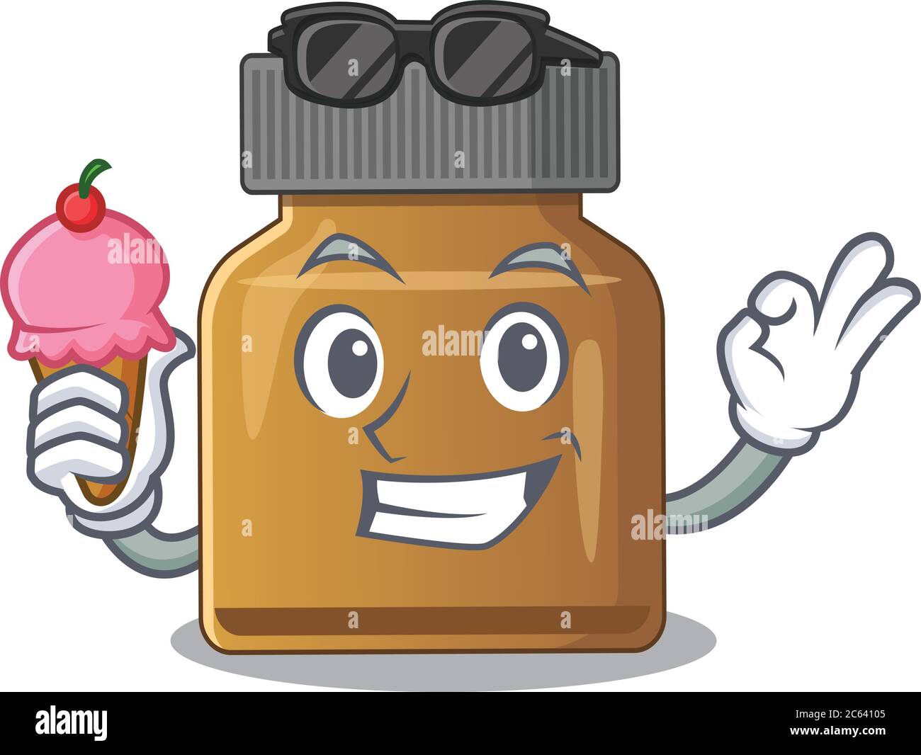 A cartoon drawing of bottle vitamin b holding cone ice cream Stock