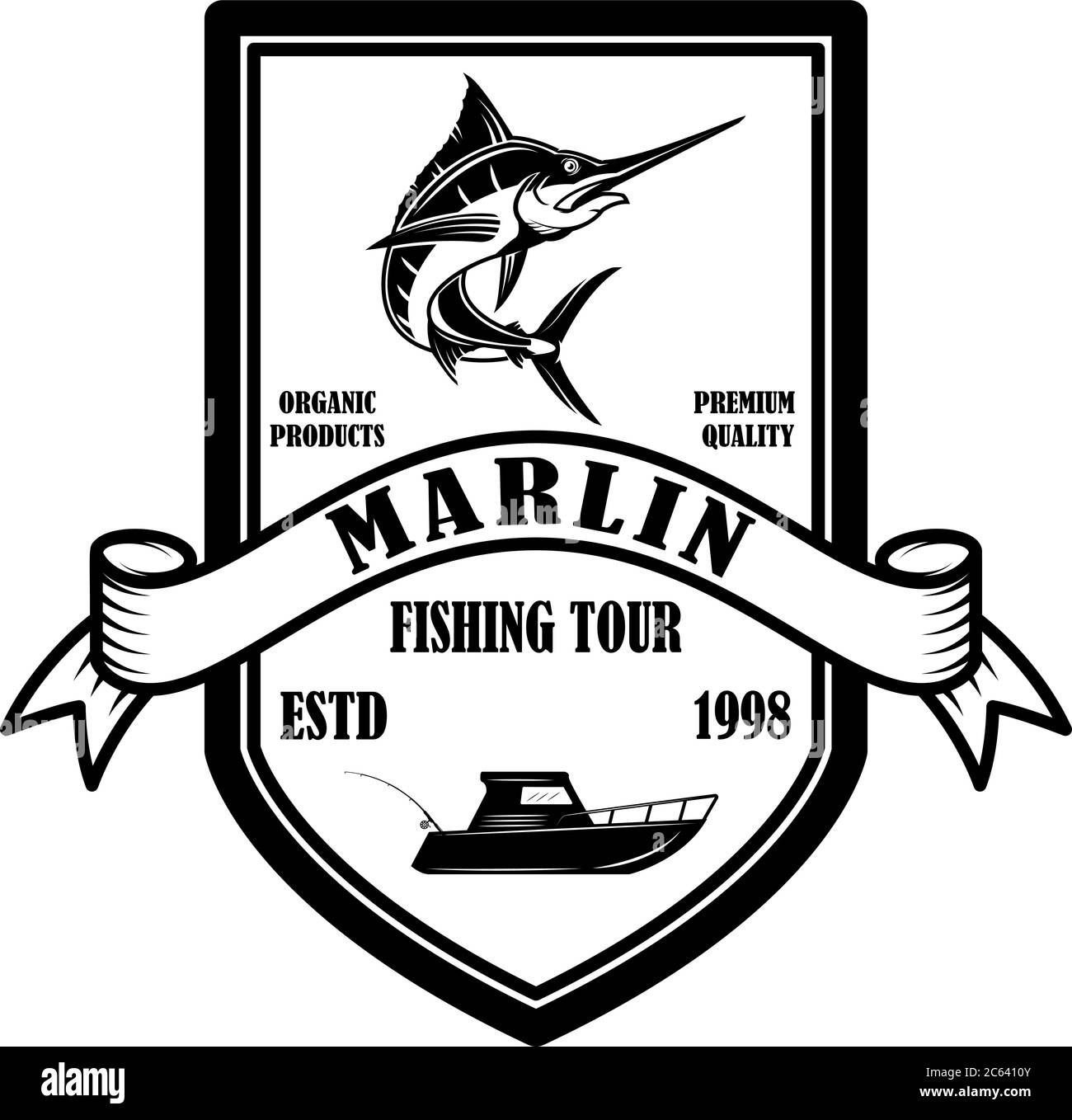 Marlin. Fishing trip. Emblem template with marlin. Design element for logo, label, sign, poster. Vector illustration Stock Vector