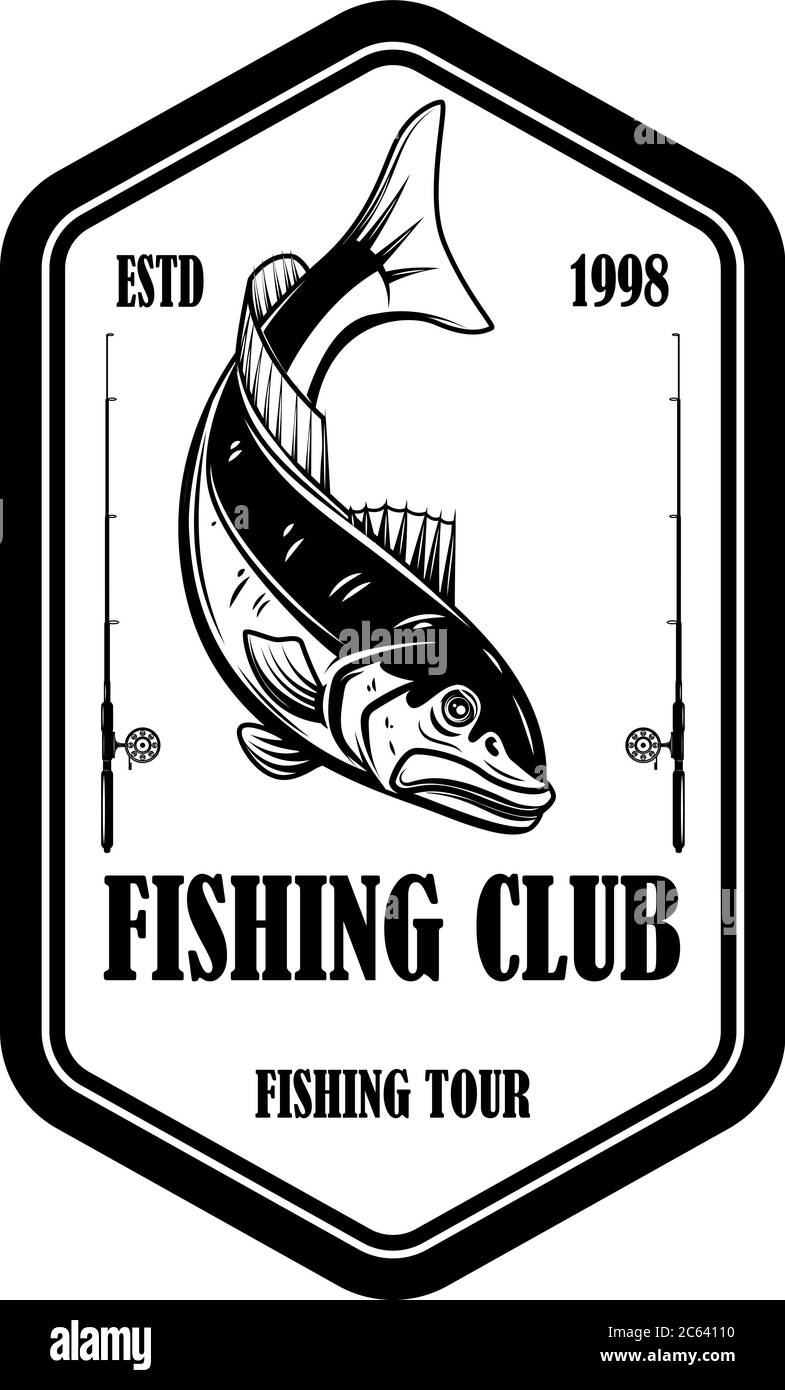 Fishing club. Emblem template with salmon fish and fishing rod. Design  element for logo, label, sign, poster. Vector illustration Stock Vector  Image & Art - Alamy
