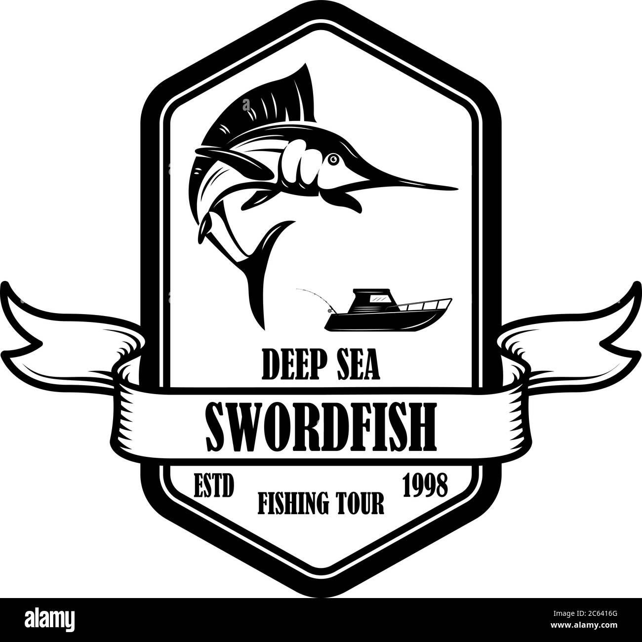 Swordfish. Fishing trip. Emblem template with marlin. Design element for logo, label, sign, poster. Vector illustration Stock Vector