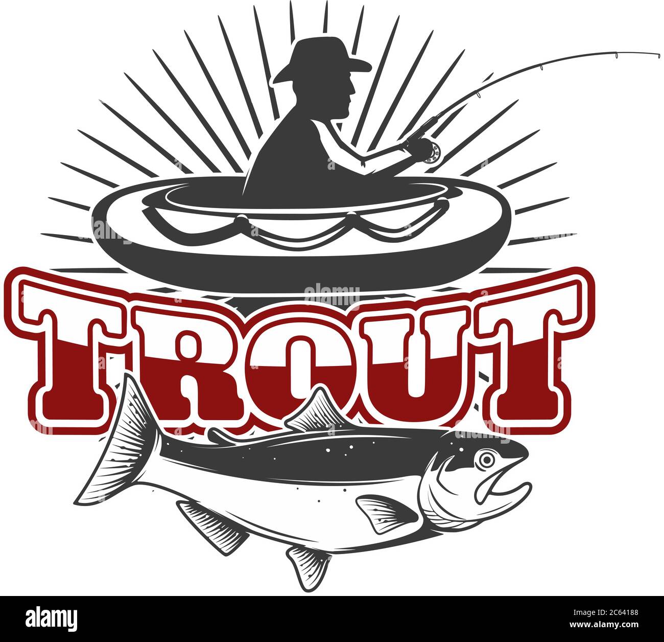 Trout fishing.Emblem template with trout and fisherman on rubber boat. Design element for logo, label, design. Vector illustration Stock Vector