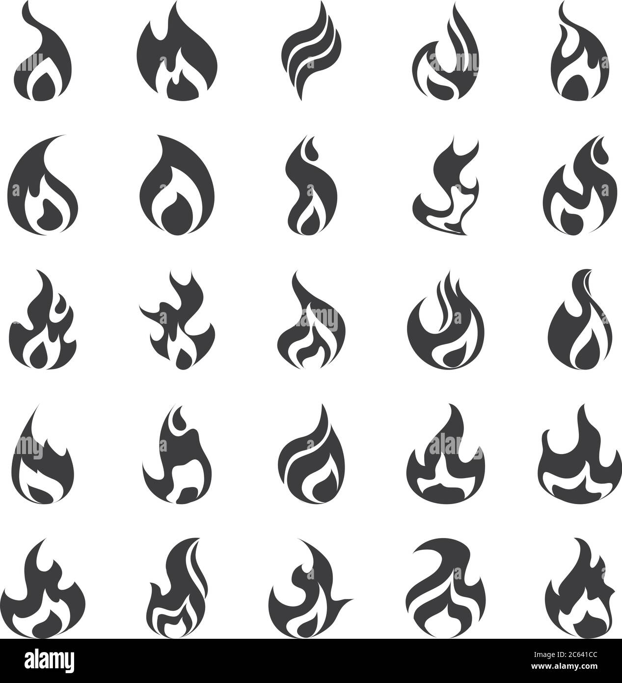 fire flame burning hot glow flat design icons set white background ...