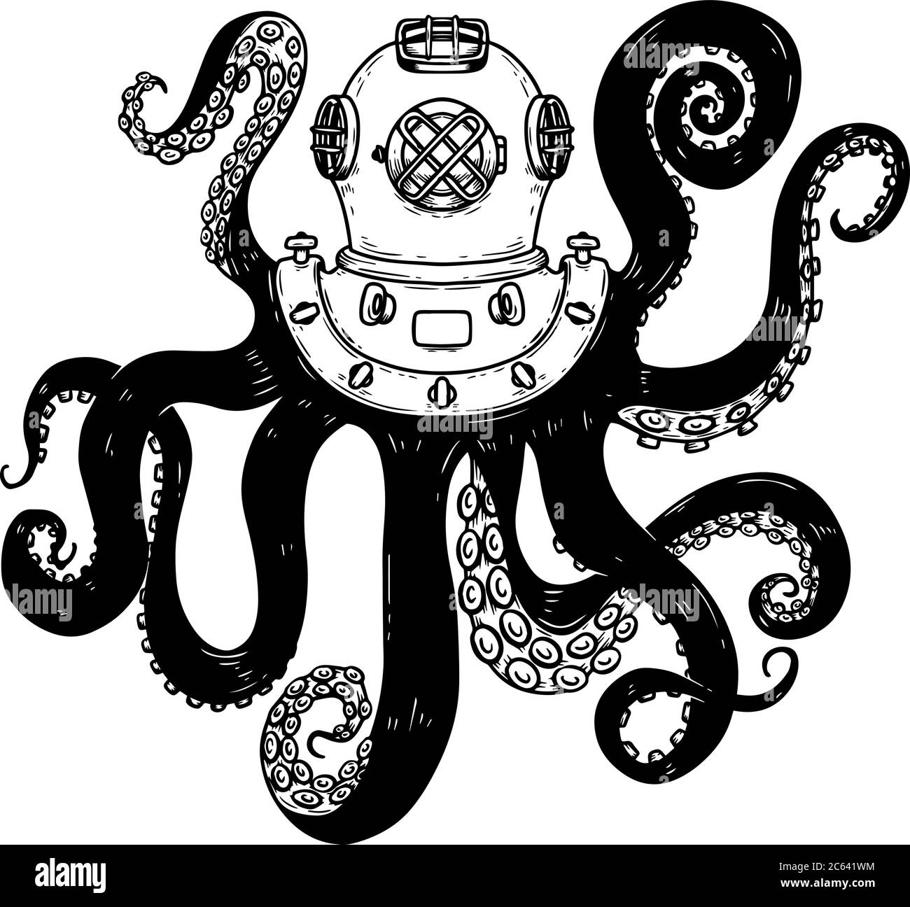 diver helmet with octopus tentacles isolated on white background