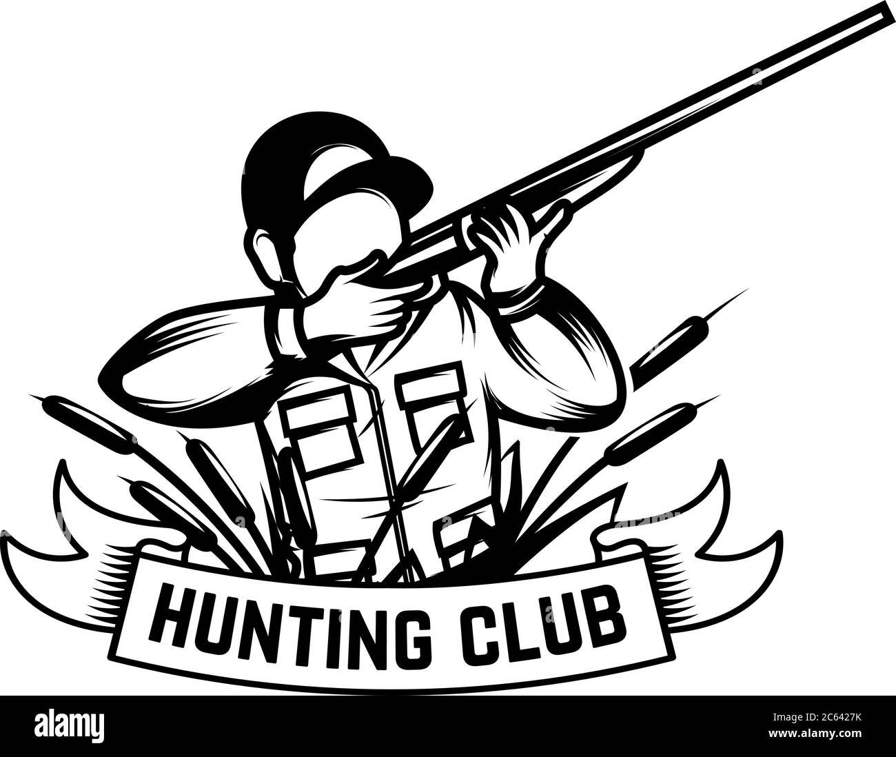 Hunting club.Illustration of hunter with rifle isolated on white