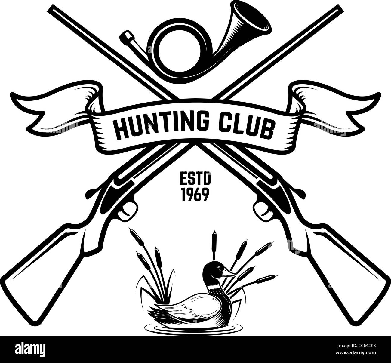 Emblem template of duck hunting club emblem with wild guns, hunting horn, wild duck. Design element for logo, label, sign, poster, t shirt. Vector ill Stock Vector