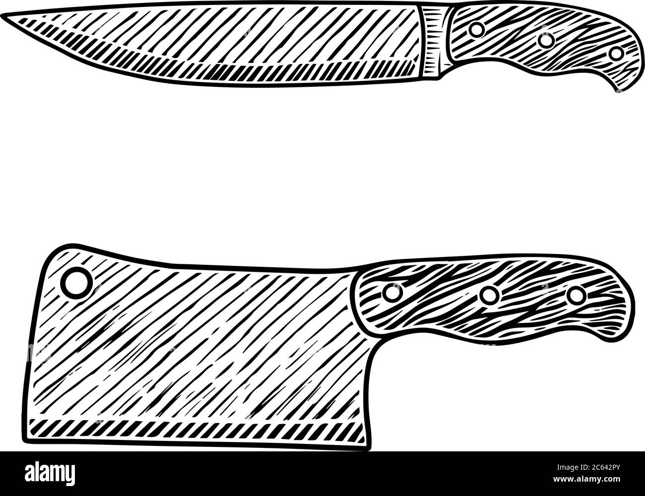 Illustration of meat cleaver and butcher knife in engraving style. Design element for logo, label, emblem, sign, badge. Vector illustration Stock Vector
