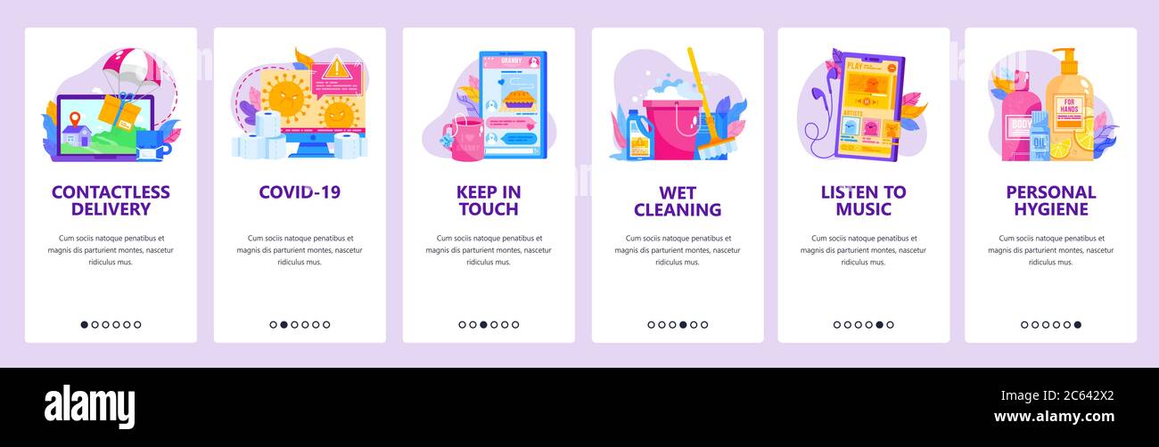Quarantine tips website and mobile app onboarding screens vector template Stock Vector