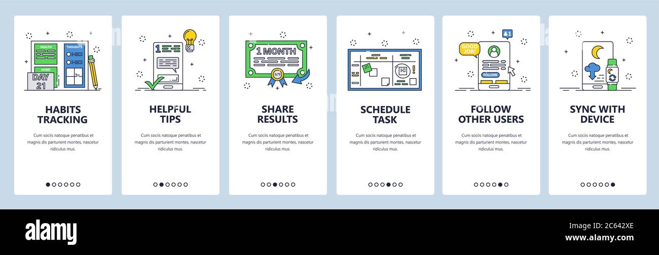 Habit tracking website and mobile app onboarding screens vector template Stock Vector
