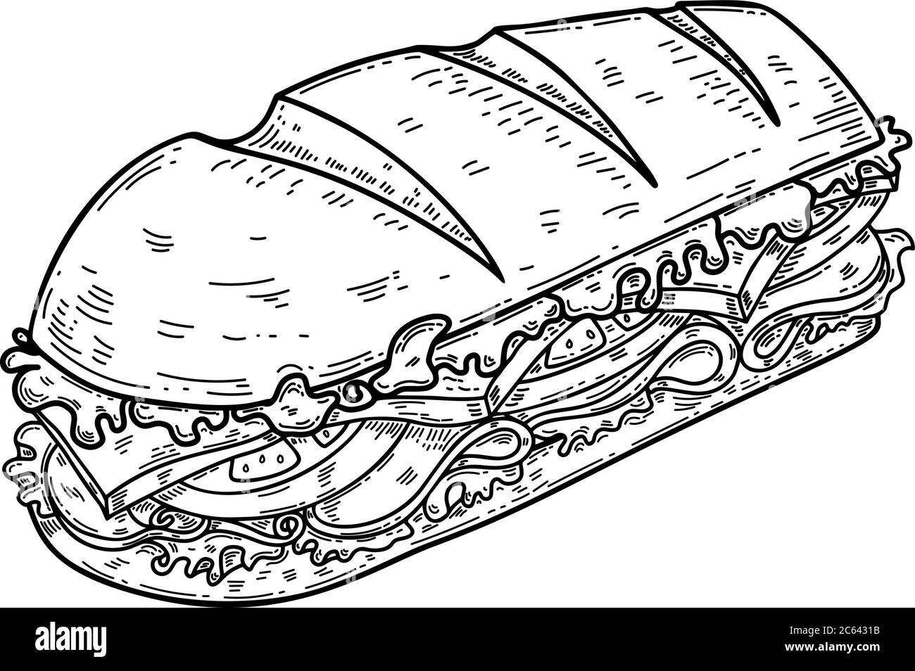 Illustration of submarine sandwich in engraving style. Design element for poster, card, banner, flyer. Vector illustration Stock Vector