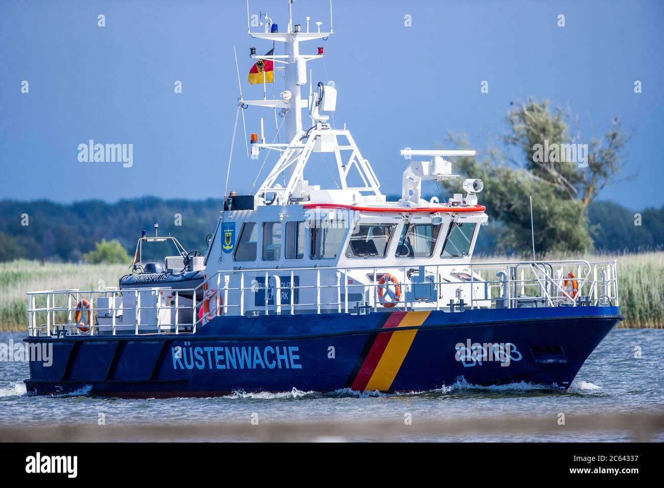 Freest, Germany. 02nd July, 2020. The harbour patrol boat 'Altmark' of the federal police with the inscription 'Küstenwache' drives into the harbour. Credit: Jens Büttner/dpa-Zentralbild/ZB/dpa/Alamy Live News Stock Photo