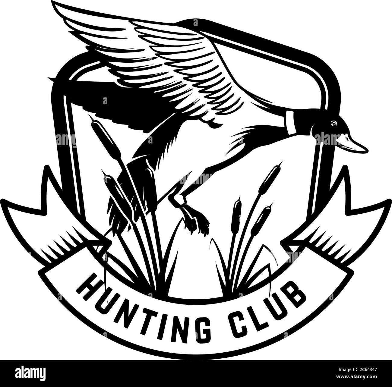 Hunting club. Emblem template with wild duck. Design element for poster, card, banner, flyer. Vector illustration Stock Vector