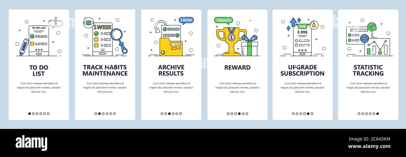 Habit tracking website and mobile app onboarding screens vector template Stock Vector