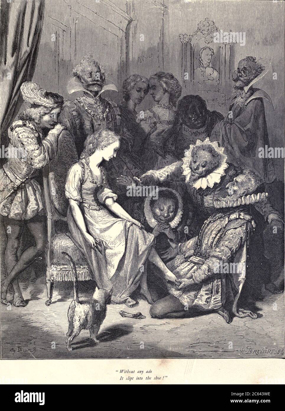 Without any ado it slips into the shoe!” Illustration from ‘Cinderella’ by Paul Gustave Dore. From the book Fairy realm. A collection of the favourite old tales. Illustrated by the pencil of Gustave Dore by Tom Hood, (1835-1874); Gustave Doré, (1832-1883) Published in London by Ward, Lock and Tyler in 1866 Stock Photo