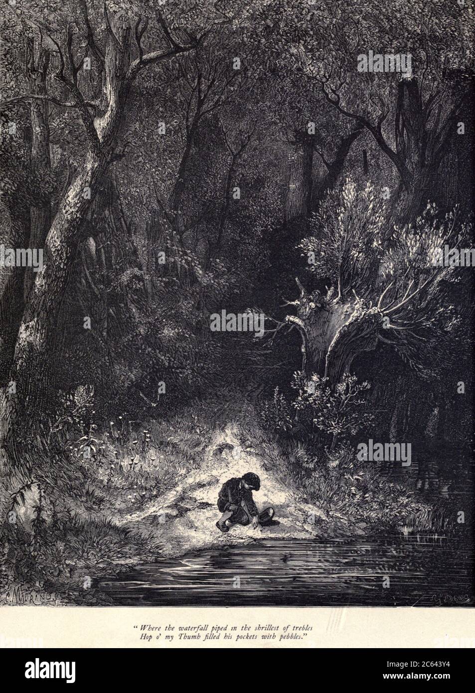 Where the waterfall piped in the shrillest of trebles Hop o’ my Thumb filled his pockets with pebbles.” Illustration from ‘Hop O’ My Thumb’ by Paul Gustave Dore. Hop-o'-My-Thumb (Hop-on-My-Thumb), or Hop o' My Thumb, also known as Little Thumbling, Little Thumb, or Little Poucet is one of the eight fairytales published by Charles Perrault in Histoires ou Contes du temps passé (1697), Where the small boy defeats the ogre. Illustration by Gustave Dore from the book Fairy realm. A collection of the favourite old tales. Illustrated by the pencil of Gustave Dore by Tom Hood, (1835-1874); Gustave Do Stock Photo