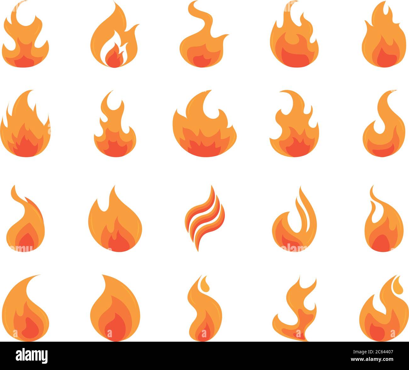 fire flame burning hot glow flat design icons set white background ...