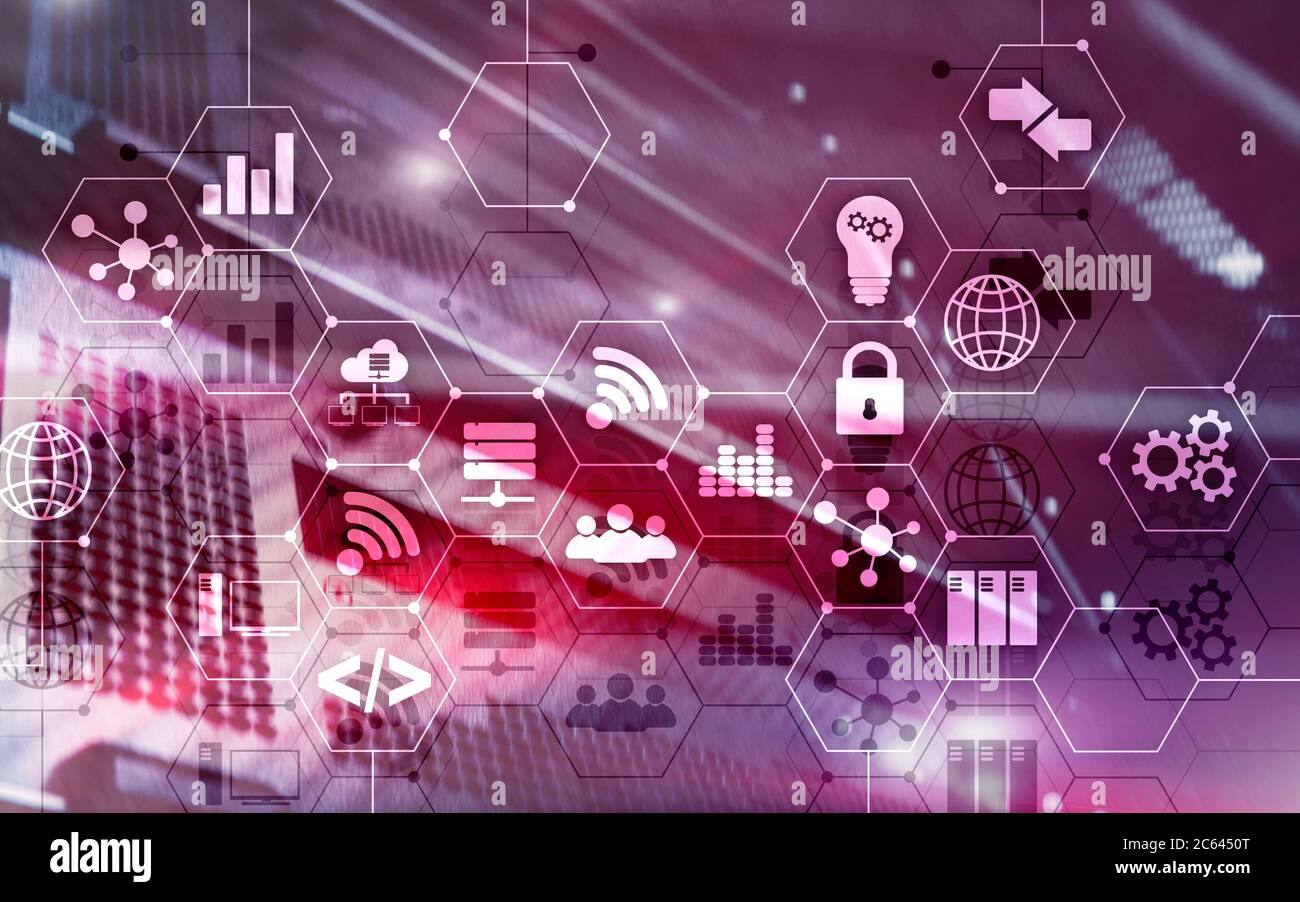 Abstract Internet digital technology concept server rack room background. Stock Photo