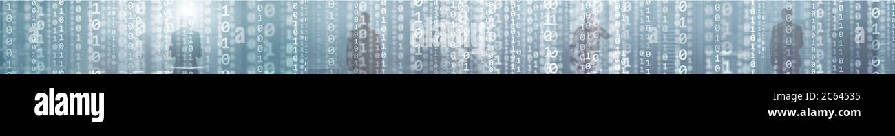 Matrix Binary Code Mixed Media Website Header. Blurred modern City. Stock Photo