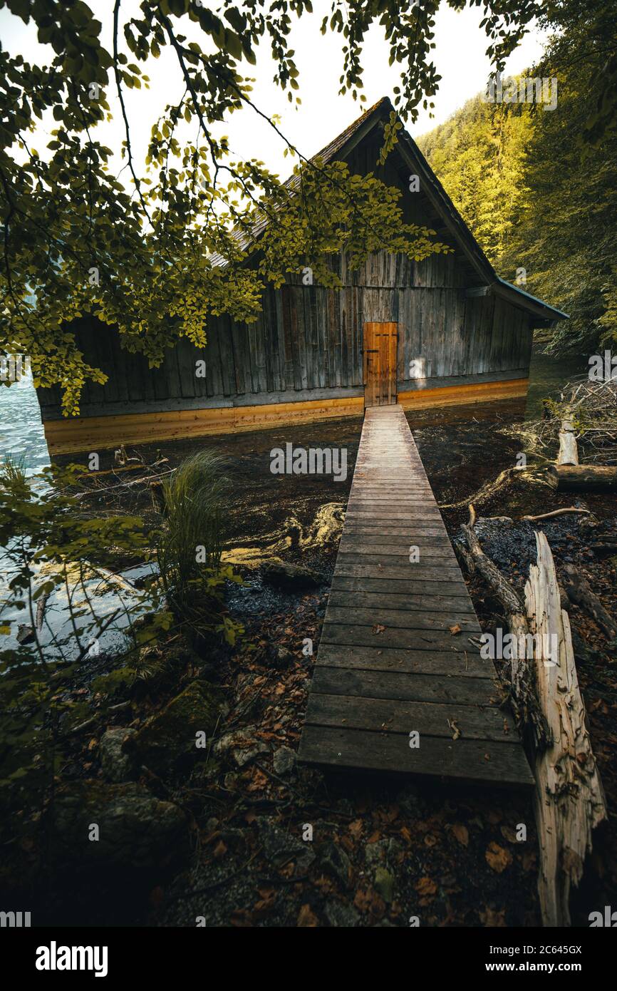 wooden fishing hut at lake toplitzsee in austria Stock Photo - Alamy
