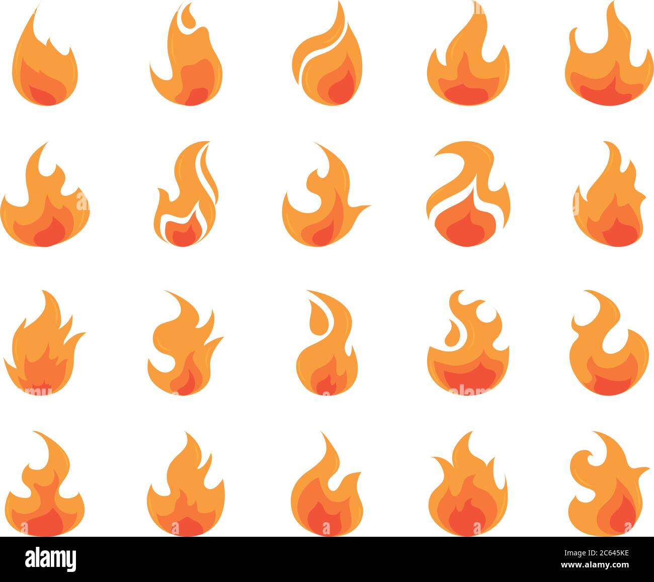 fire flame burning hot glow flat design icons set white background ...