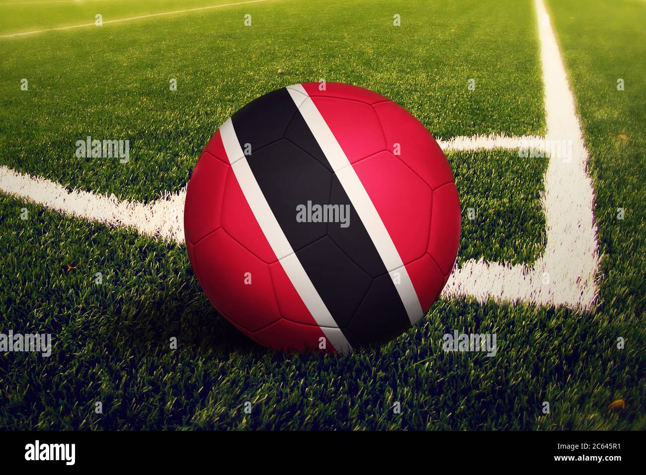 Trinidad And Tobago flag on ball at corner kick position, soccer field