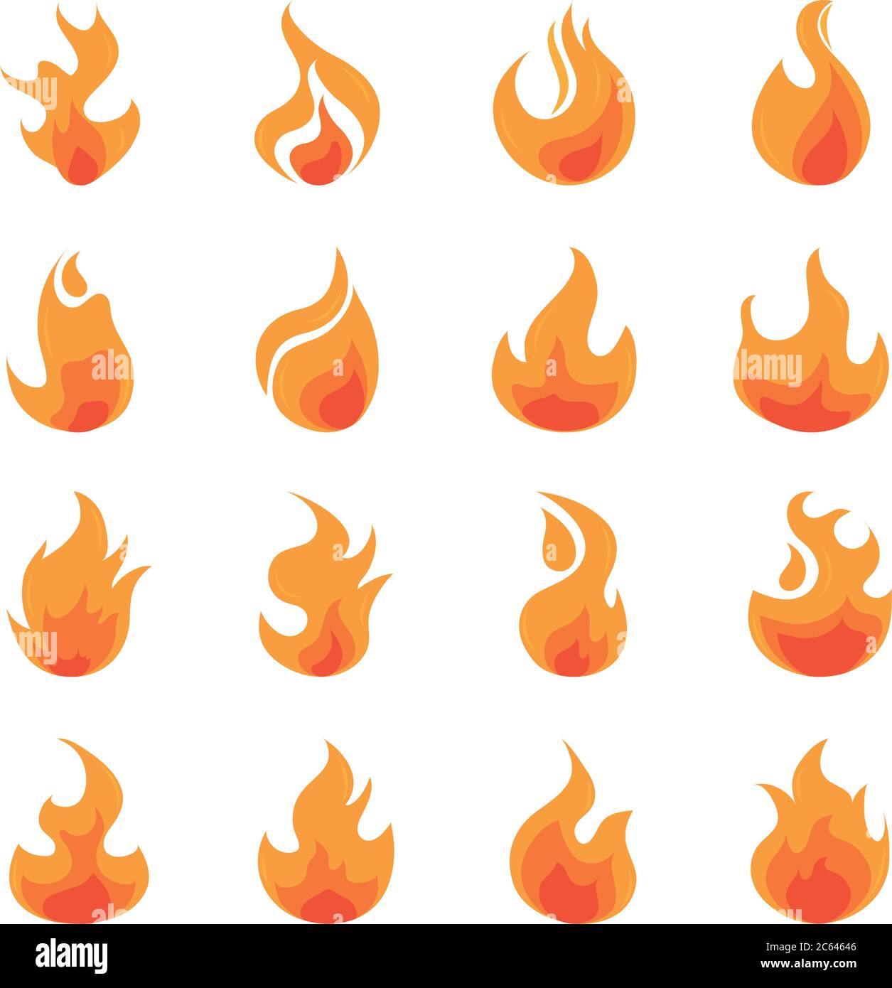 fire flame burning hot glow flat design icons set white background
