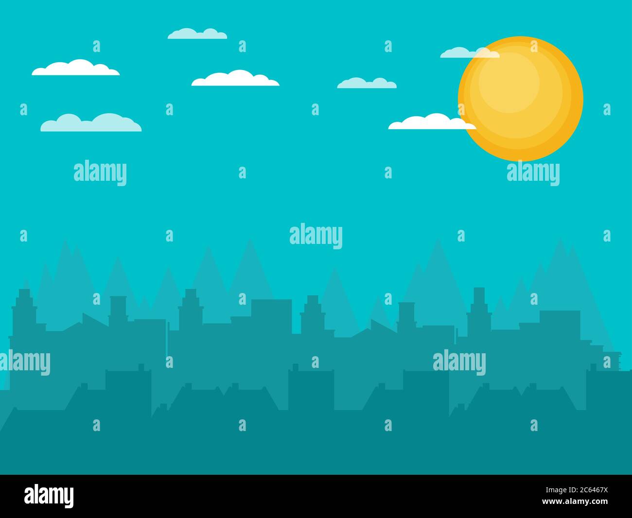 Morning city skyline. Buildings silhouette cityscape with mountains. Big city streets. Stock Vector