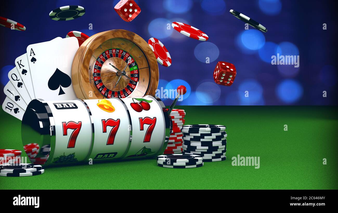 3D illustration of casino concept background with slot reel, flying chips, dice, roulette wheel and Royal Flush card combination on green casino table Stock Photo