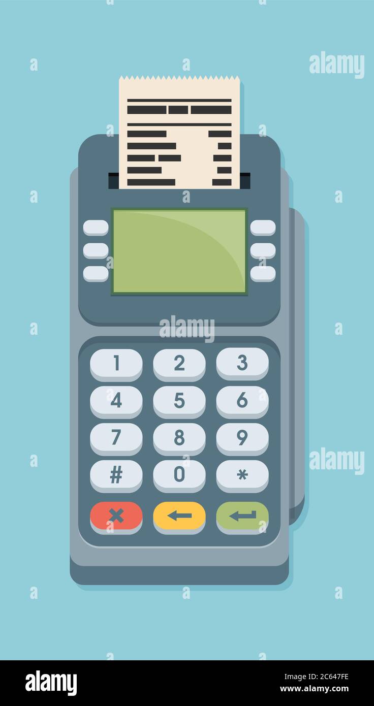 Pos terminal in flat style on blue background. Payment terminal. Credit ...