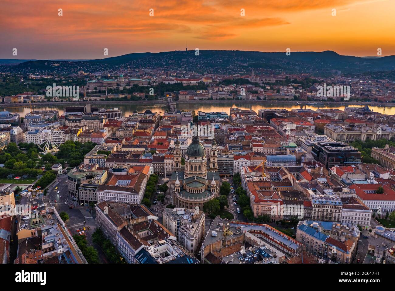Budapest, Hungary - Aerial panoramic view of Budapest with a magnificent golden sunset. The view includes St.Stephen's Basilica, Szechenyi Chain Bridg Stock Photo