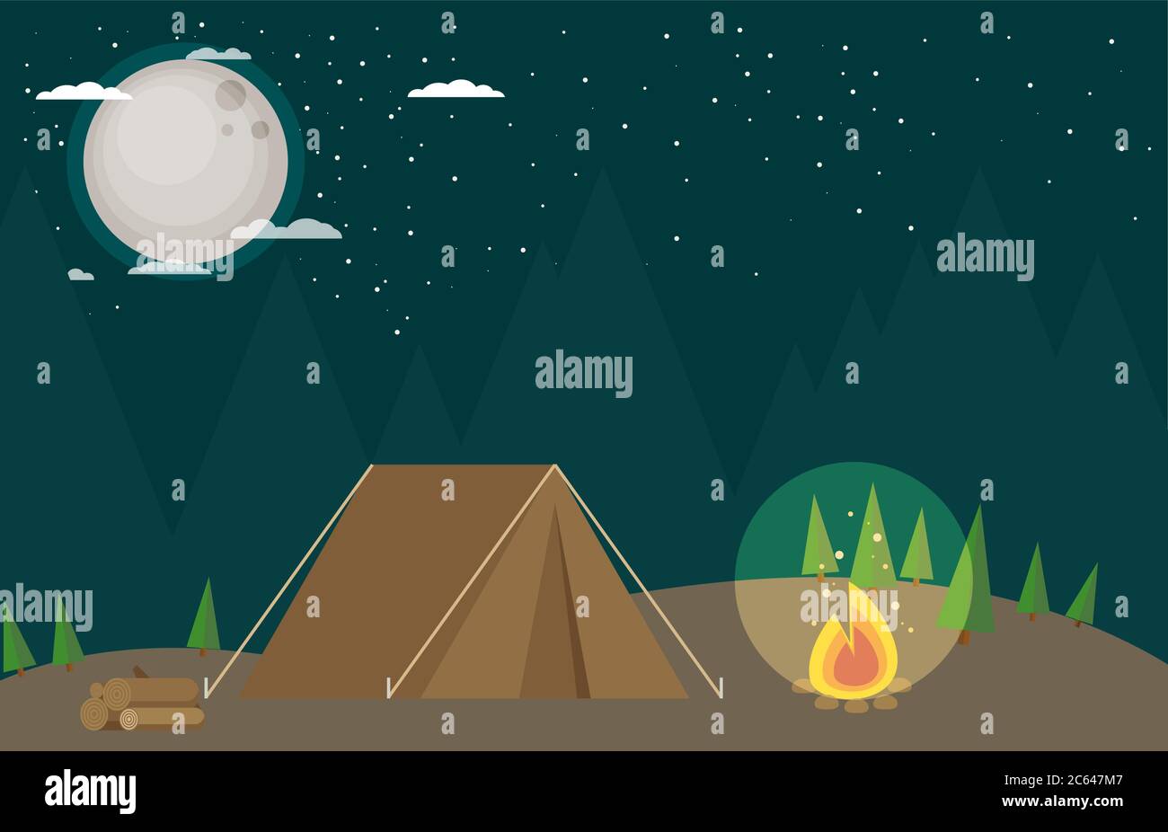 Camping in Forest at Night. Flat design Style Stock Vector Image & Art ...
