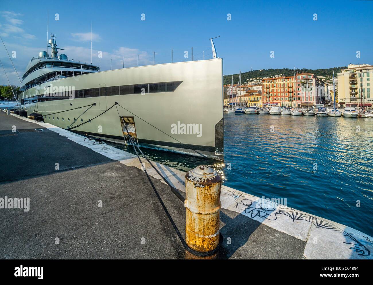 super-yacht Savannah moored at Port Lympia, the harbour of Nice at the French Riviera, Nice, Provence-Alpes-Côte d'Azur, France Stock Photo