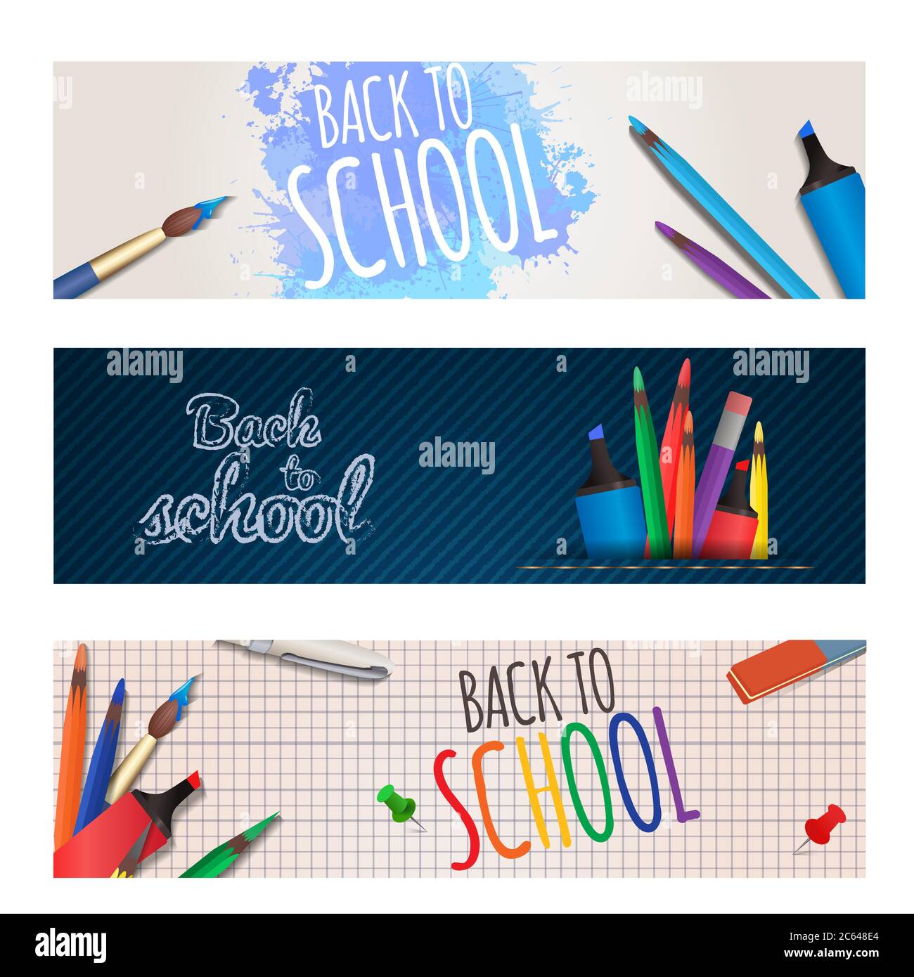 Set of horizontal banners back to school with stationery. Vector ...