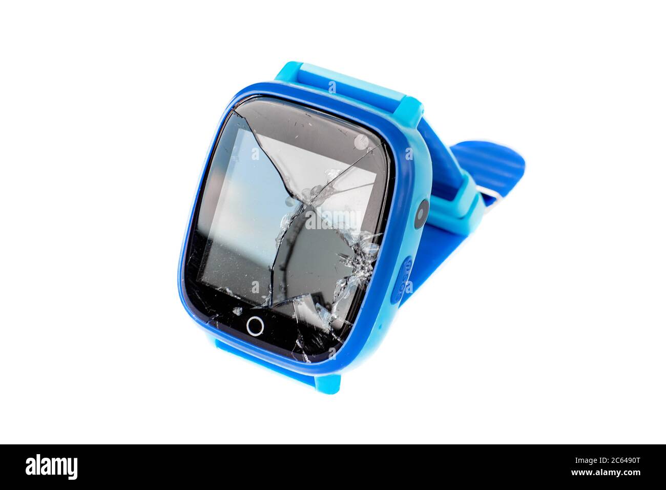 Multicolored kids smart watch phone with broken screen isolated on white background. Technology for children. Wearable gadget concept. Top view, close Stock Photo