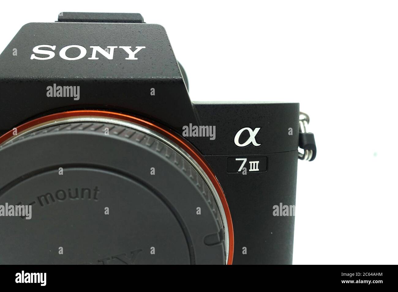 Sony A7 mark iii against isolated white background. This 2018 mirrorless camera of the year is a fullframe mirrorless camera with a very compact size Stock Photo
