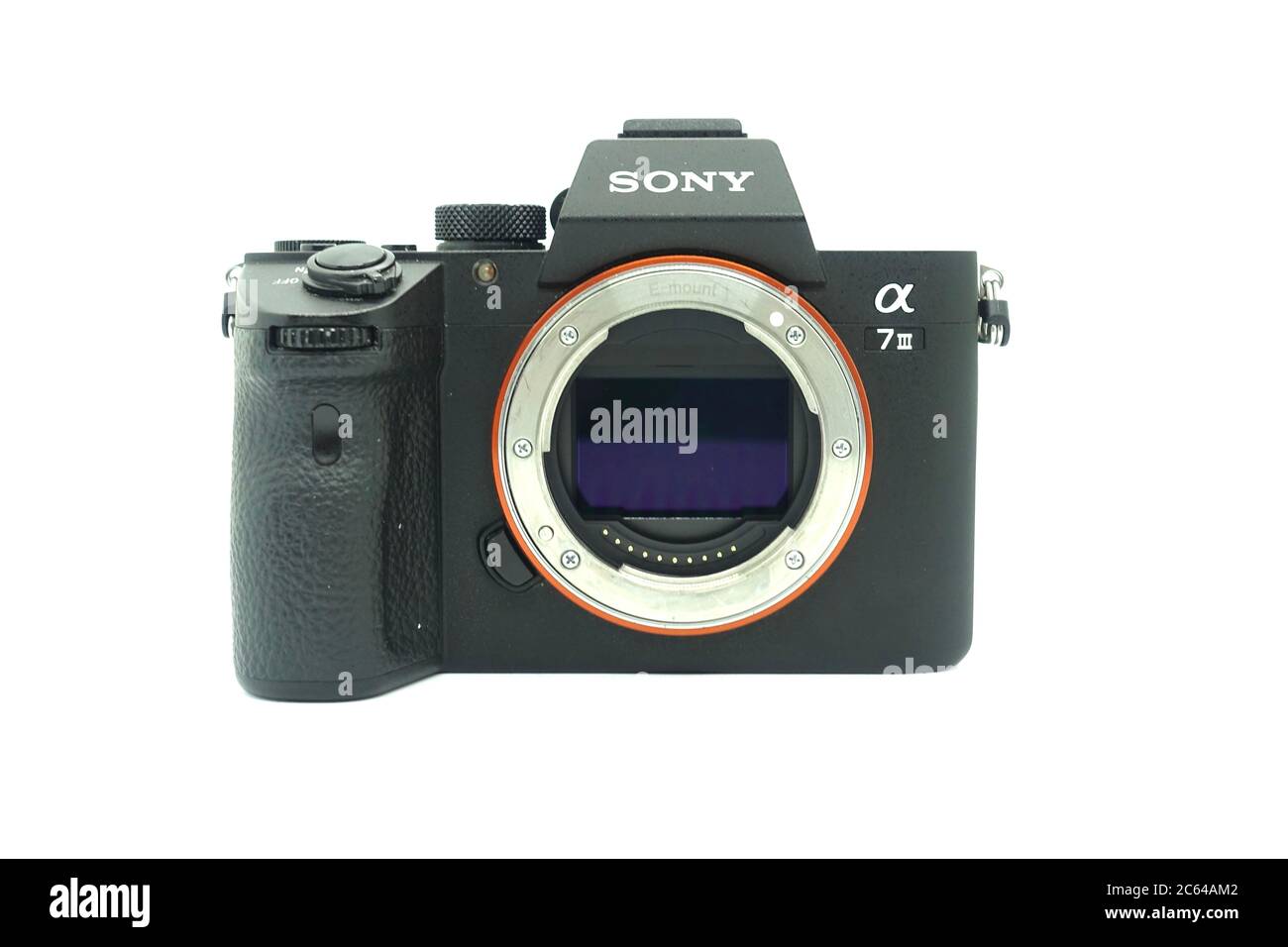 Sony A7 mark iii against isolated white background. This 2018 mirrorless camera of the year is a fullframe mirrorless camera with a very compact size Stock Photo