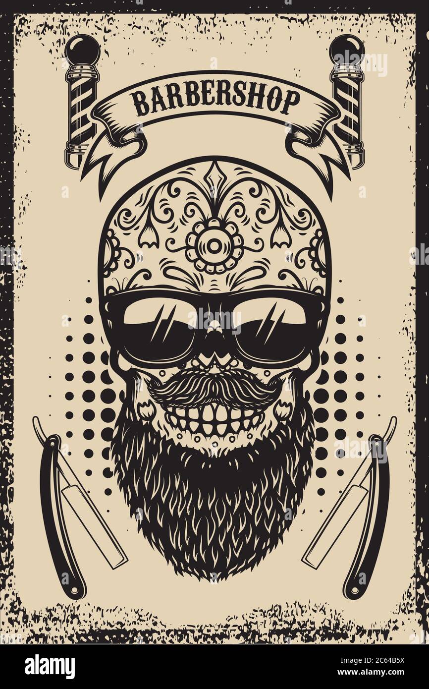 Barbershop poster template. Bearded mexican sugar skull and barber blades. Design element for poster, card, banner, t shirt, logo, emblem. Vector illu Stock Vector