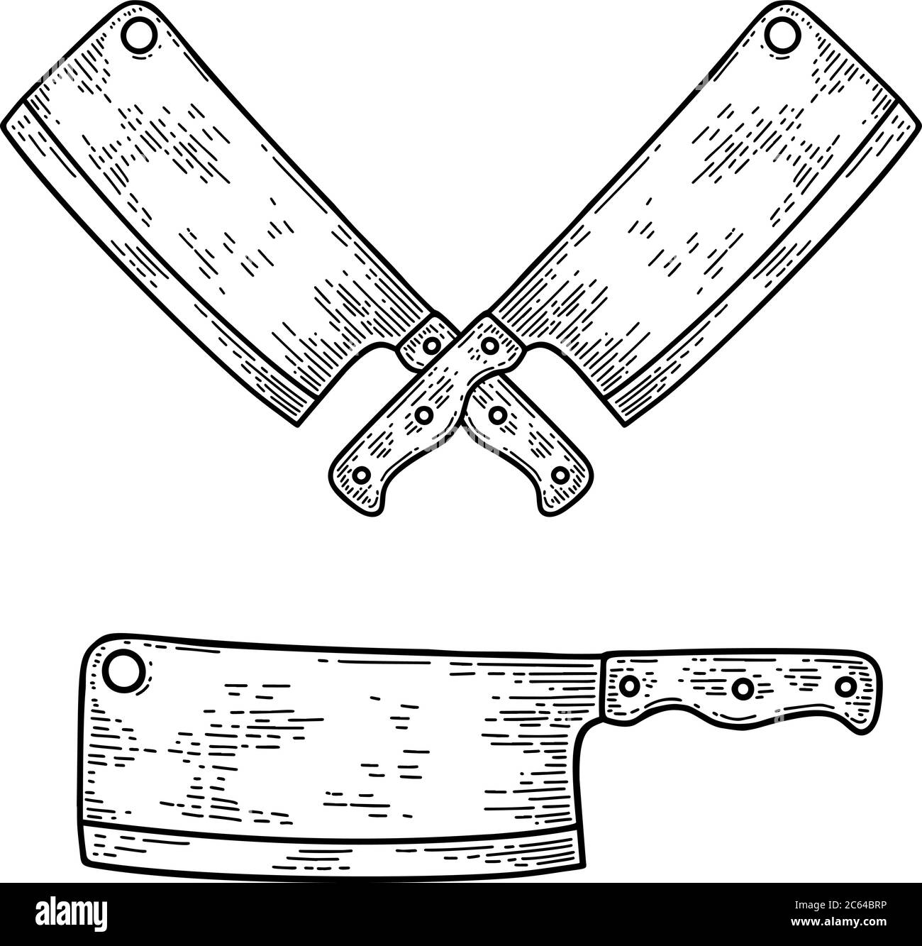 Illustration of butcher cleaver in engraving style. Design element for