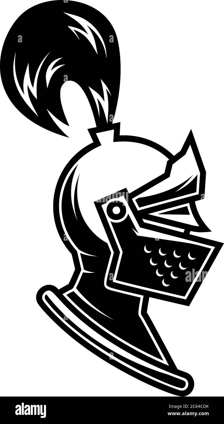 Illustration of knight helmet in engraving style. Design element for logo, label, emblem, sign. Vector illustration Stock Vector