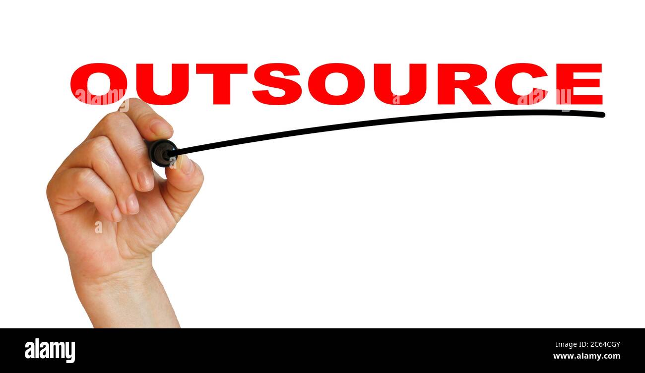 Hand underlining outsourse with red marker Stock Photo