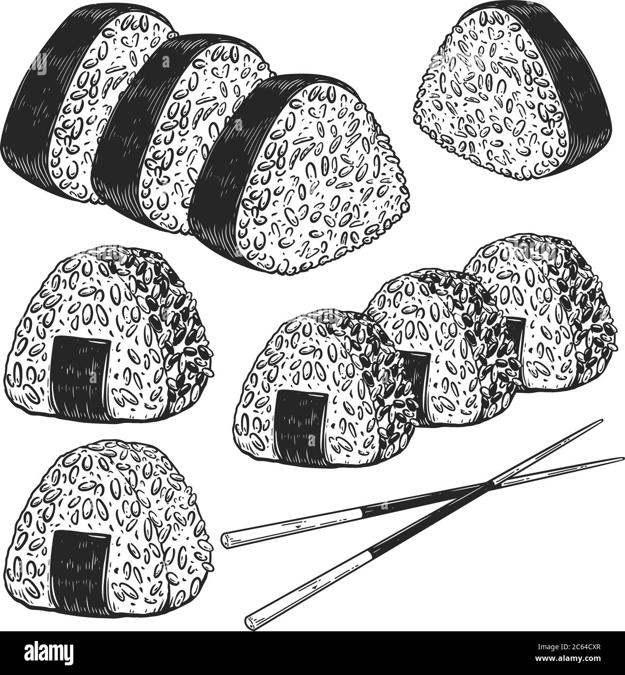Set of illustrations of onigiri in engraving style. Design element for poster, card, banner, flyer, menu, emblem. Vector illustration Stock Vector
