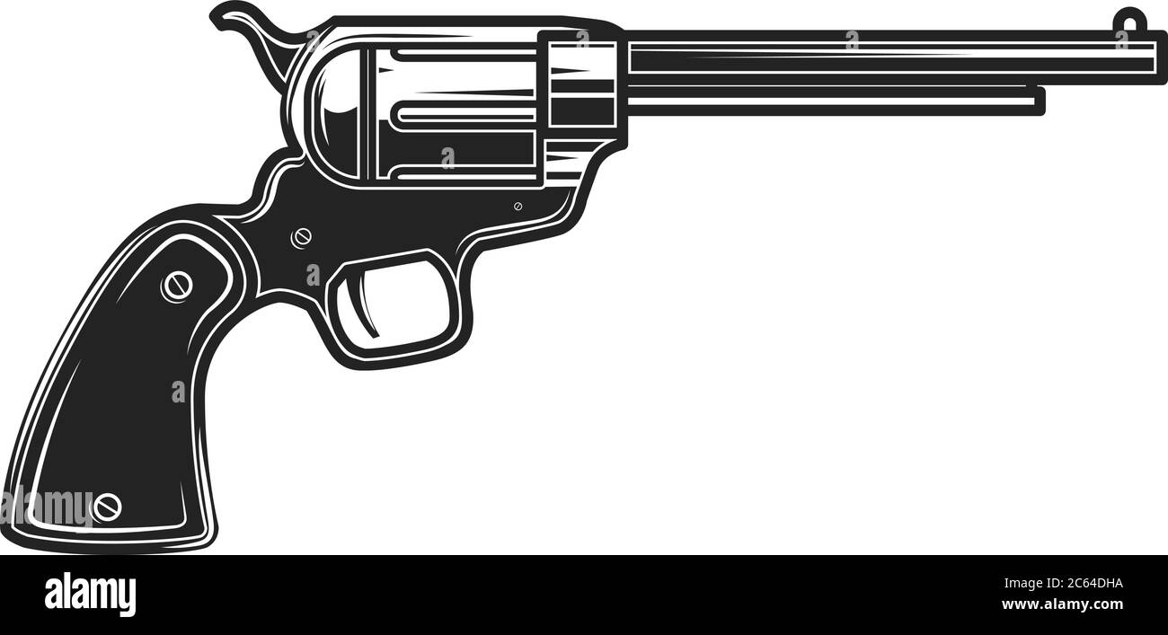 Illustration of cowboy revolver isolated on white background. Design element for poster, card, banner, logo, label, sign, badge, t shirt. Vector illus Stock Vector