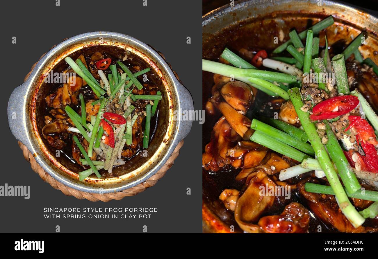 Singapore braised frog and spring onion in clay pot, Singapore famous food, spicy frog porridge. Food and drink concept Stock Photo
