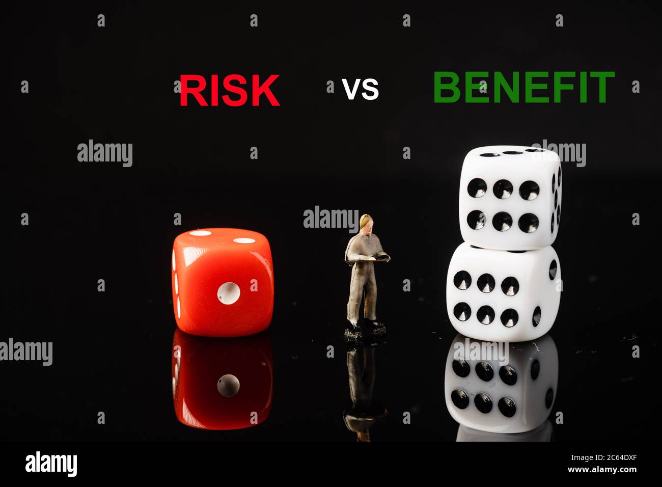 Reward Risk Dice “RISK VS REWARD” wordings with red and white dices, conceptual shot ...