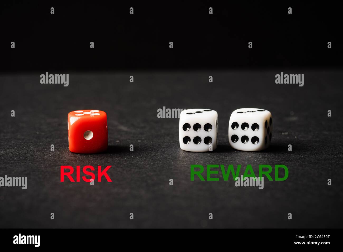 Red and White dices, Risk vs Reward conceptual shot. Stock Photo