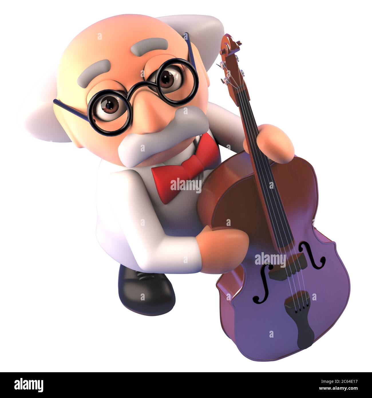 3d funny carttoon crazy mad scientist character playing a double bass, 3d illustration Stock Photo