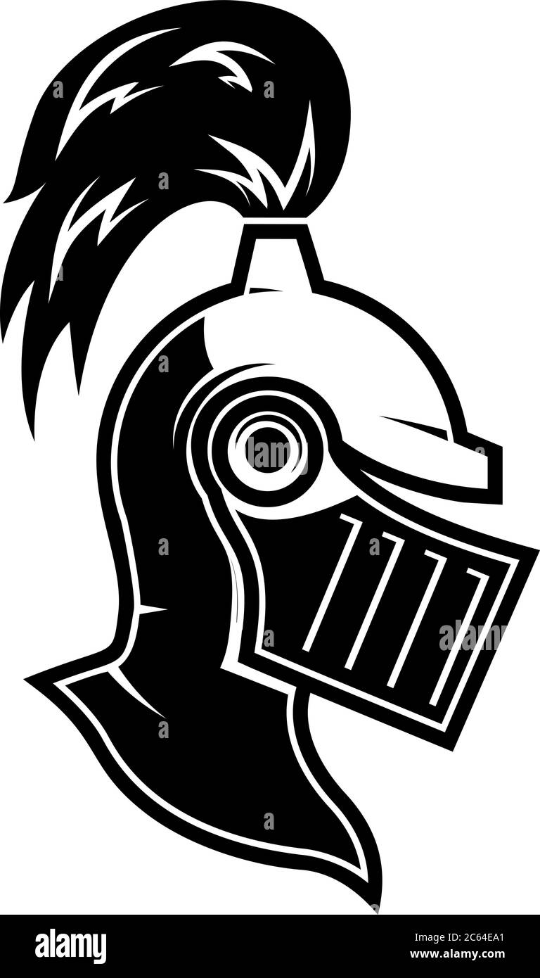 Illustration of knight helmet in engraving style. Design element for logo, label, emblem, sign. Vector illustration Stock Vector