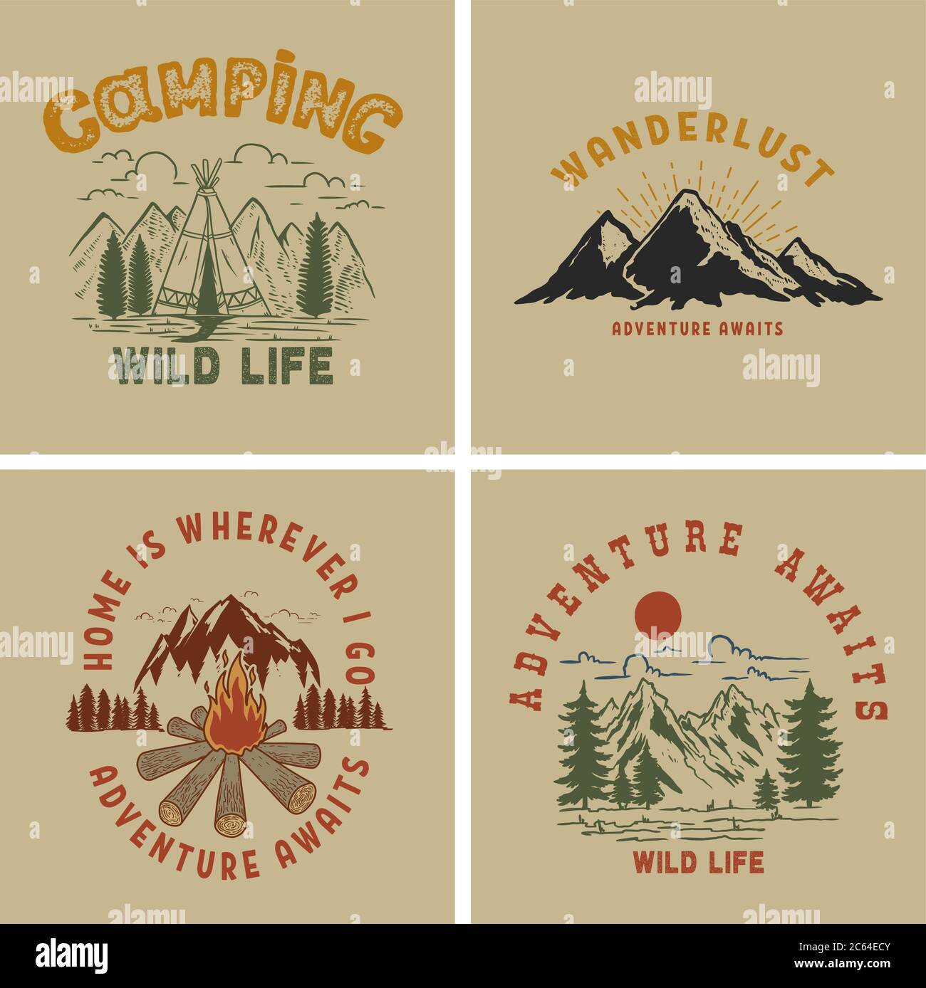 Set of Vintage poster designs with mountains, forest silhouettes ...