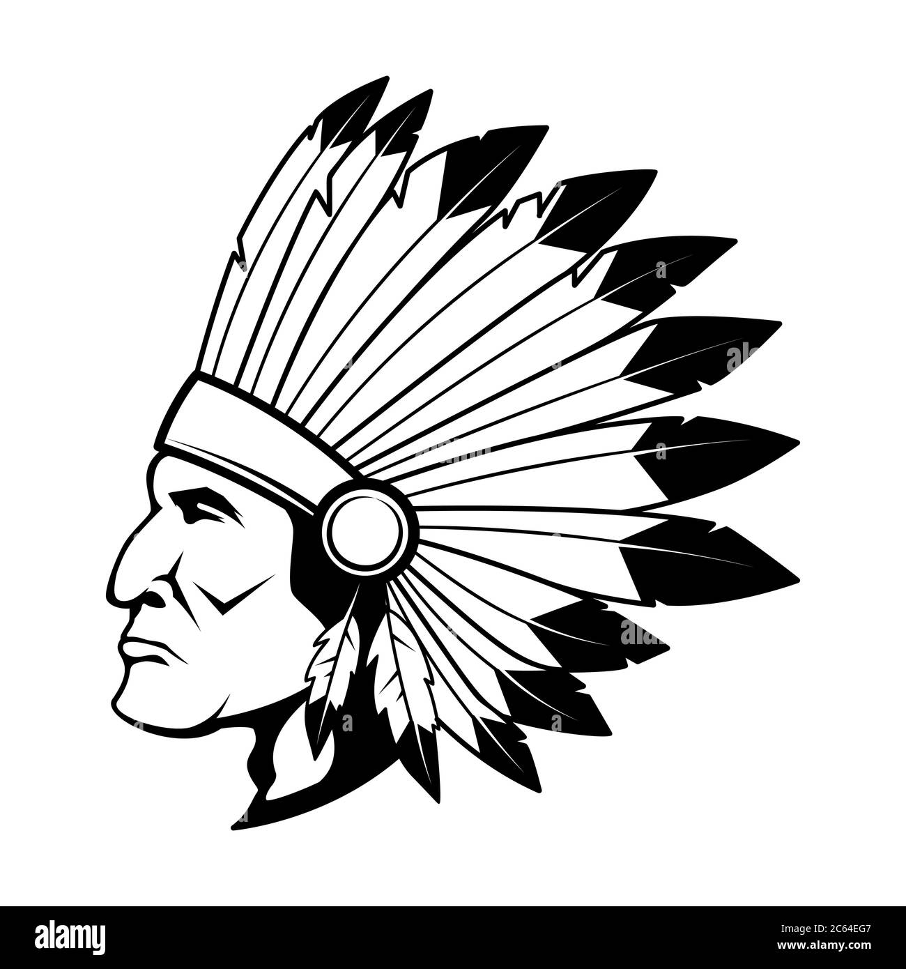 Illustration of native american chief head in traditional headdress.Design element for logo,label, sign, poster, card, t shirt. Vector illustration Stock Vector